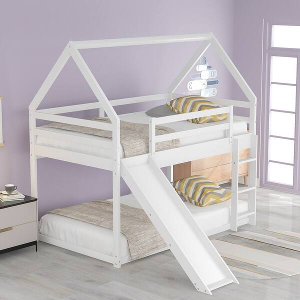 slide 2 of 9, Modern Twin Size Wood Bunk House Bed with Slide, Ladder & Roof, White White - Twin