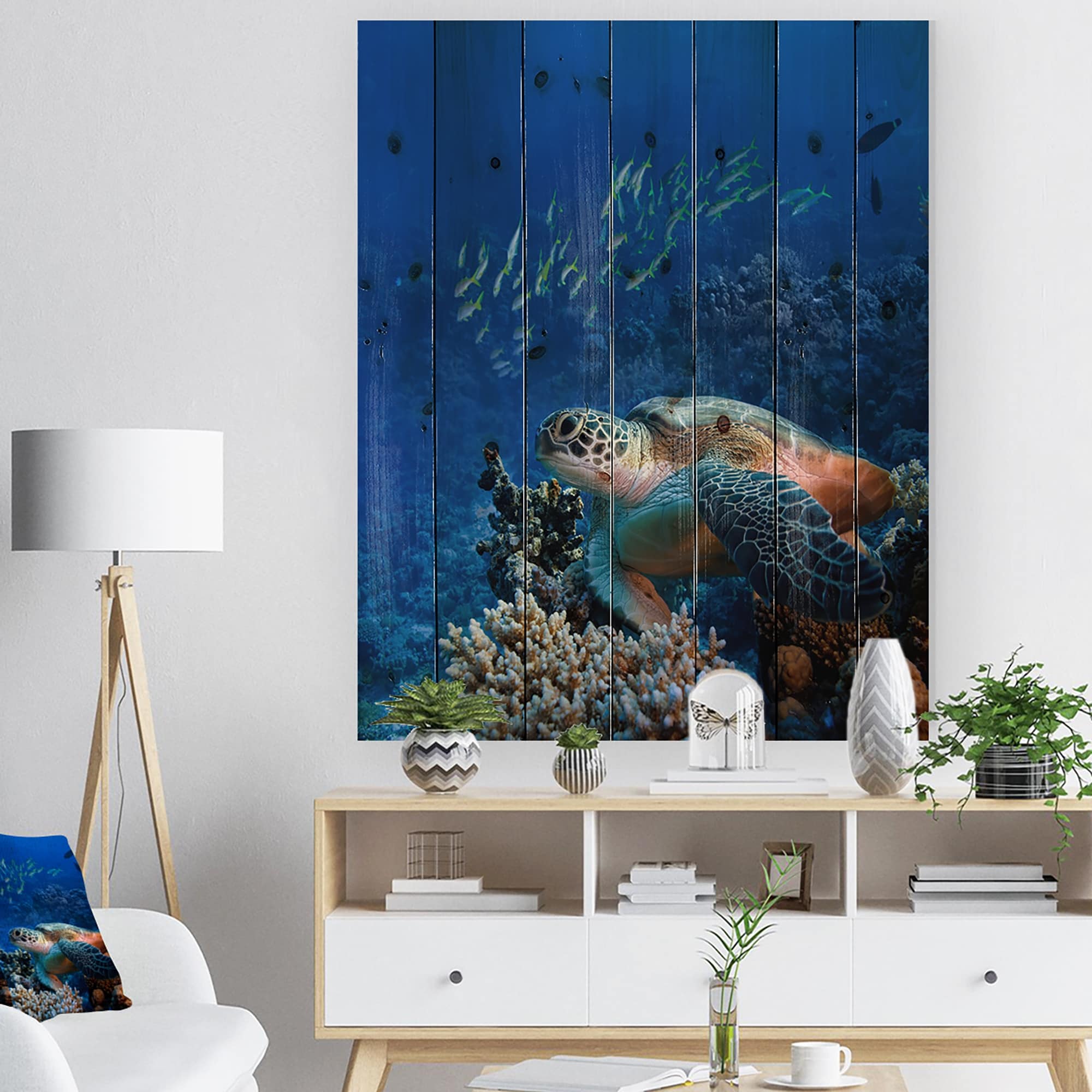 Designart 'Large Sea Turtle Underwater' Traditional Wood Wall Art Panels -  Natural Pine Wood - Bed Bath & Beyond - 36738921