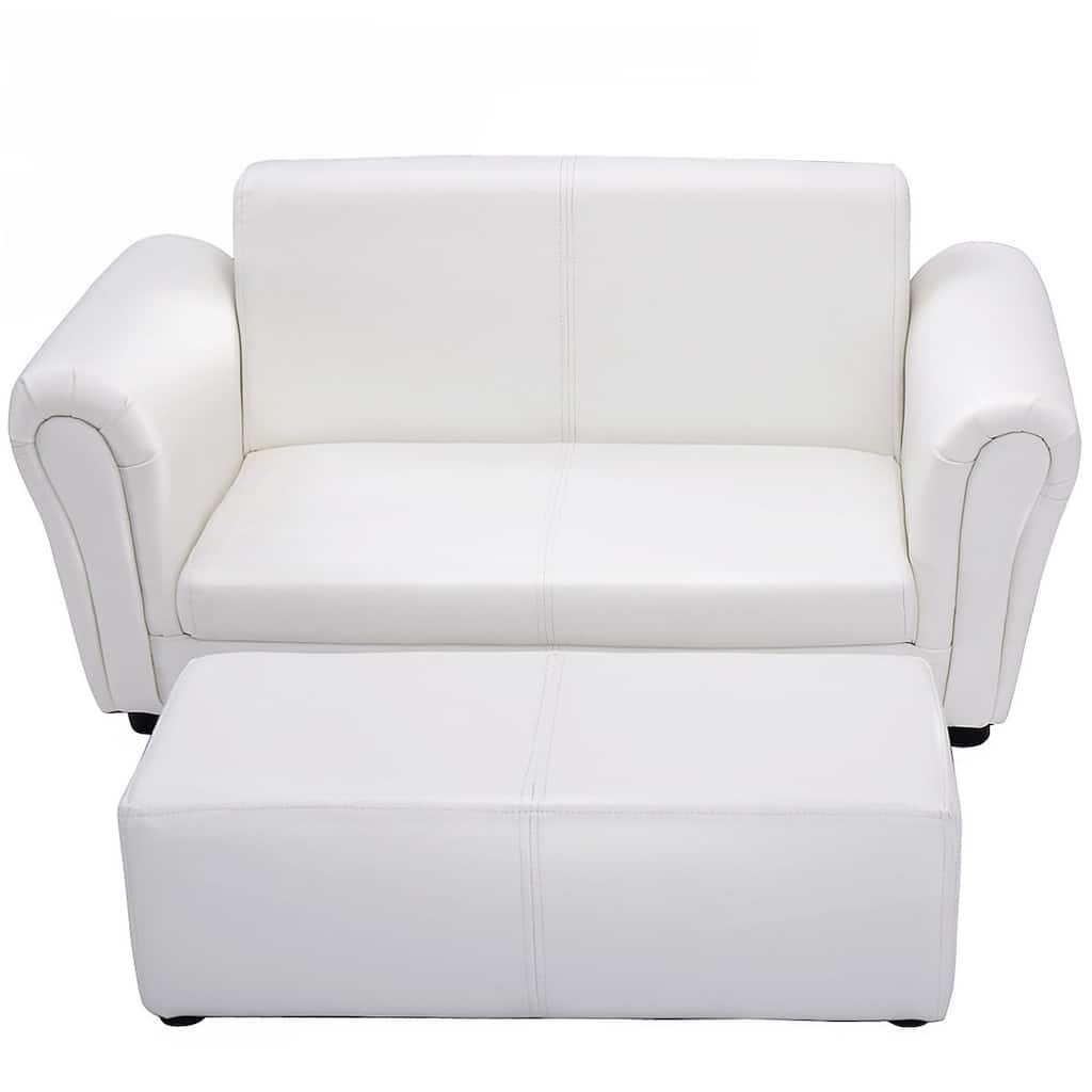 Kids Double Sofa with Ottoman-White - 32.5" x 16.5" x 16" (L x W x D)