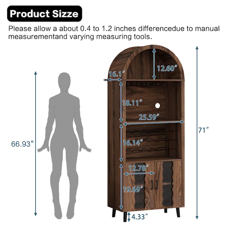 71"Farmhouse Arched Wine Bar Cabinet, Arch Cabinets &Coffee Bar, Whiskey Station With Wine Rack And Wine Glass Holder