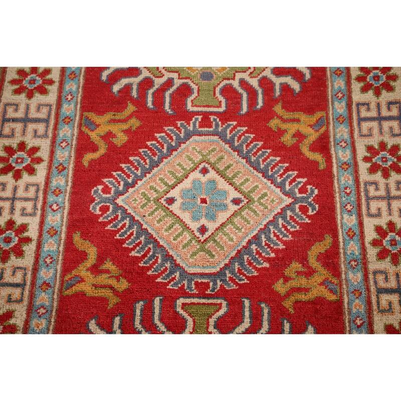 Red Geometric Kazak Foyer Rug Hand-Knotted Oriental Wool Carpet - 2'9" x 4'0"