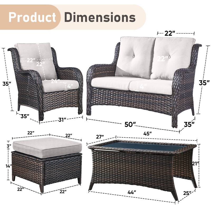 Pocassy 6 Pieces Outdoor 2-Seat Sofa Chairs Table Ottoman