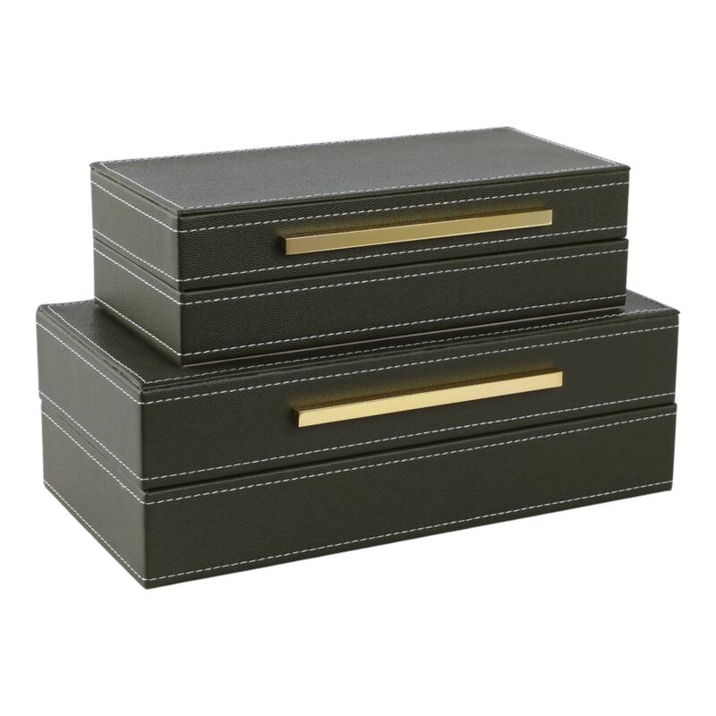 Decorative Faux Leather Organizer Box with Lid - Set of 2", 9", Brown - 12.0"