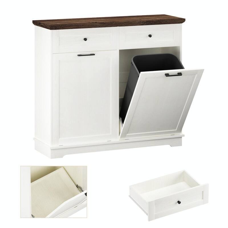 20 Gallon Double Tilt-Out Trash Can Cabinet, Freestanding Wooden Garbage & Recycling Bin with Hideaway Drawer