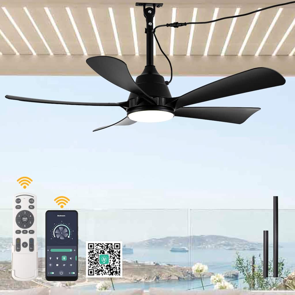 42" Black Outdoor Ceiling Fan with Light and Remote 5-blade 6-speed Reversible DC Motor Fan - 42 Inches