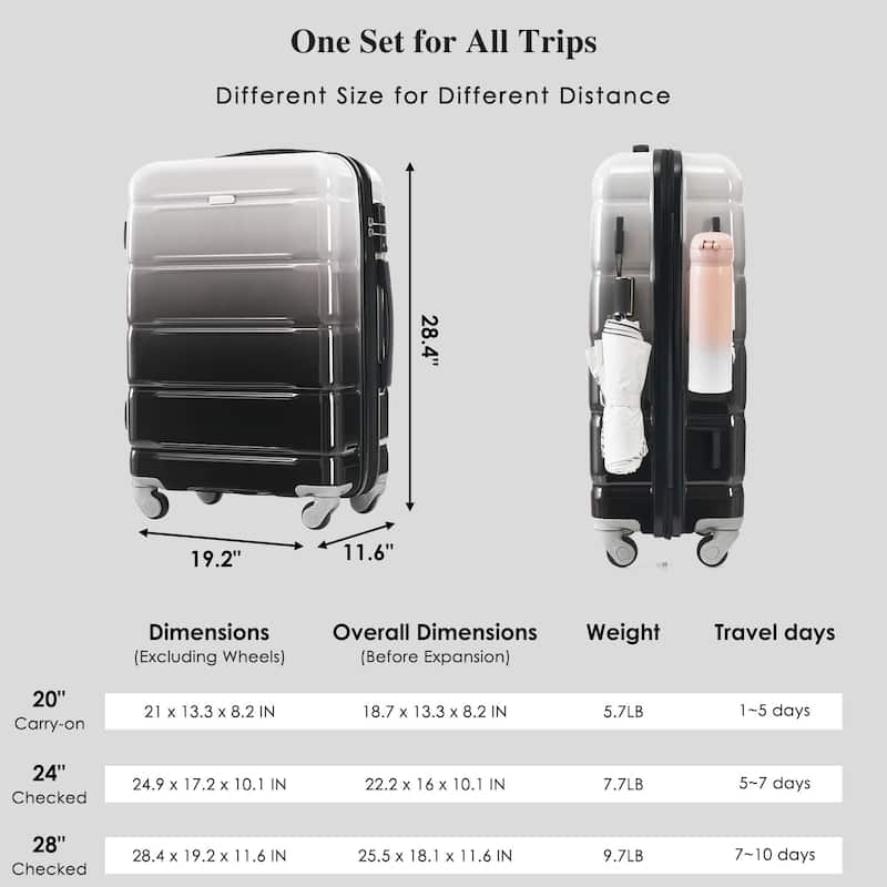 3-Piece, 20-Inch Modern Hard Shell Luggage with USB Port and Spinner Wheels, for Boarding Travel, Black