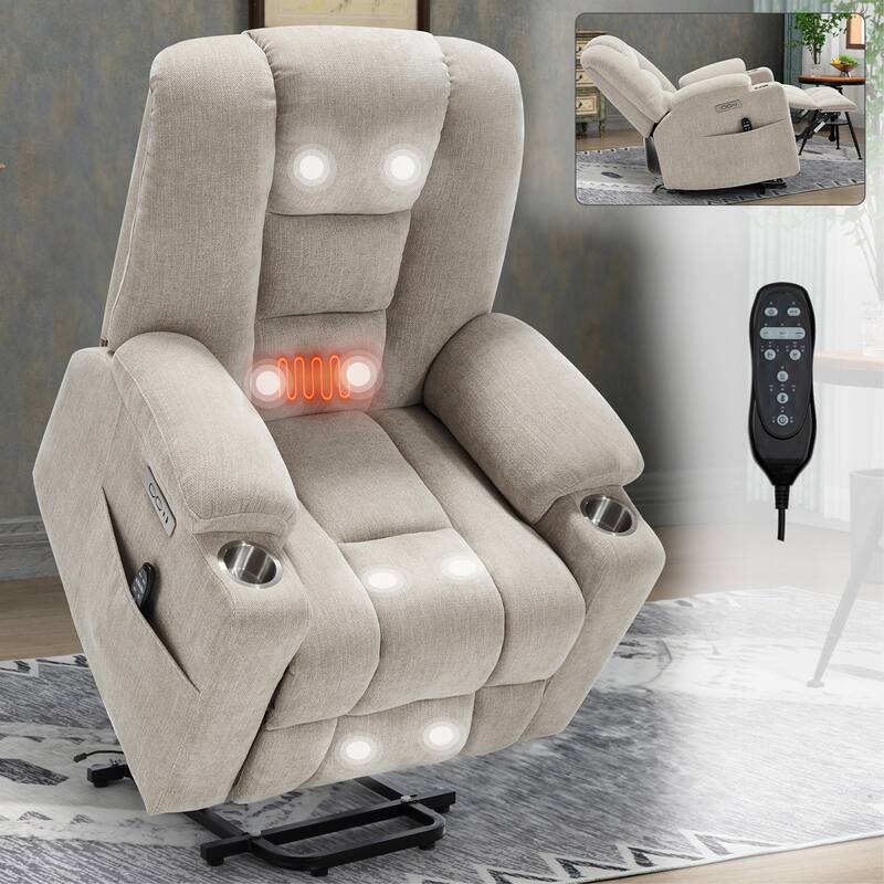 Roomfitters Oversized Power Lift Recliner, Massage Chair with USB A & C Ports and Dual Steel Cup Holders, Beige - Beige