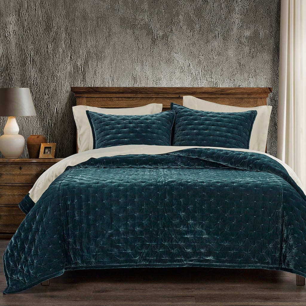 HiEnd Accents Stella Solid Color Faux Silk Velvet Romantic Modern Rustic 3 Piece Quilt Set with Pillow Shams