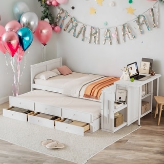 Multifunctional Twin Size Platform Bed with Built-in Trundle and 3 Drawers,White