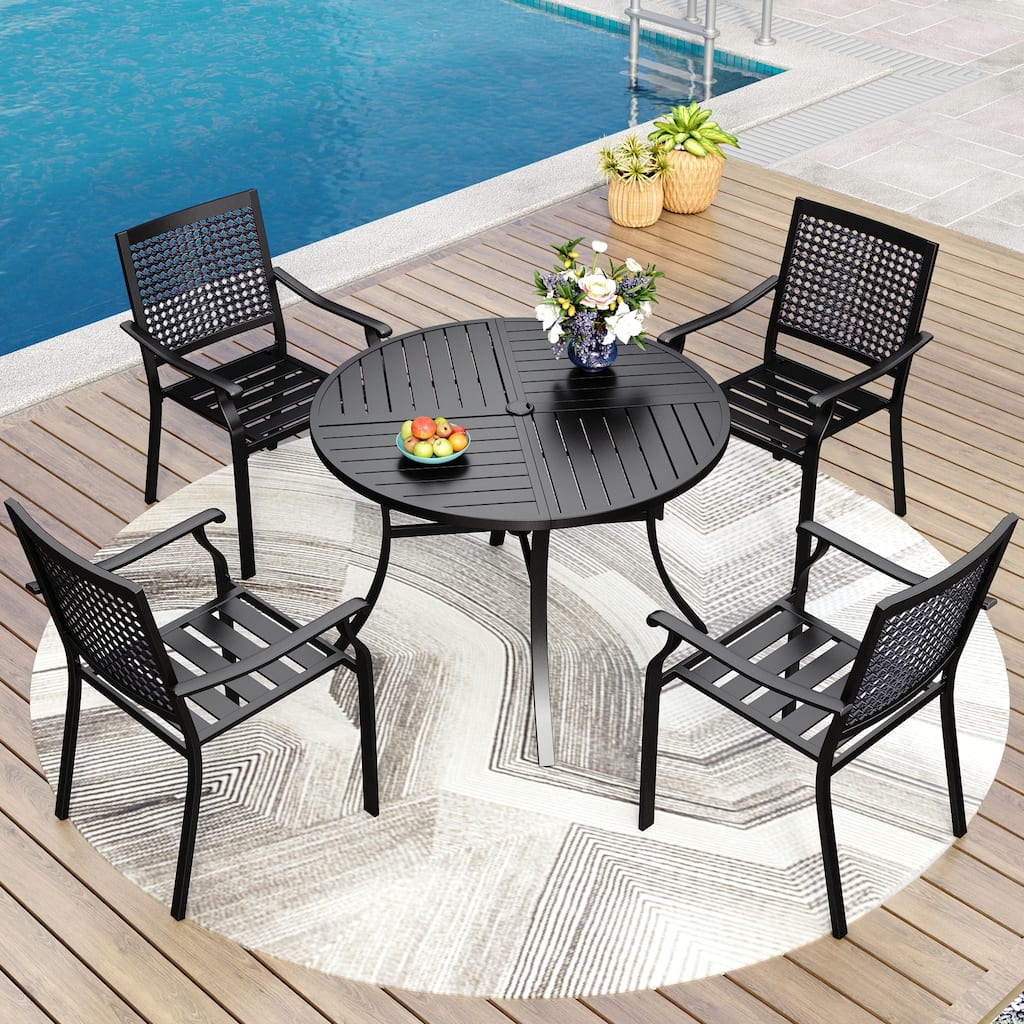 5-Piece Metal E-coating Patio Dining Set of 4 Steel Chairs and 1 Metal Framed Round Table