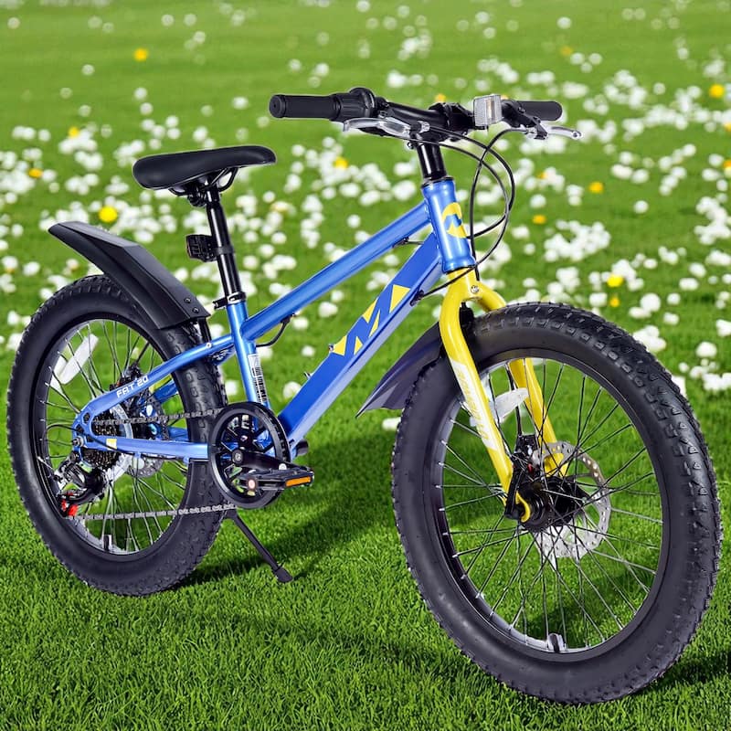 20 Inch Kids Fat Tire Mountain Bike, Boys & Girls 7-Speed Shimano with Dual Disc Brakes & Suspension Fork - Blue