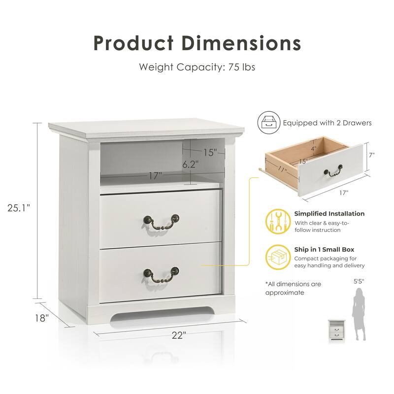 247 Shop At Home Marie 2-Drawer Nightstand with Open Storage Shelf