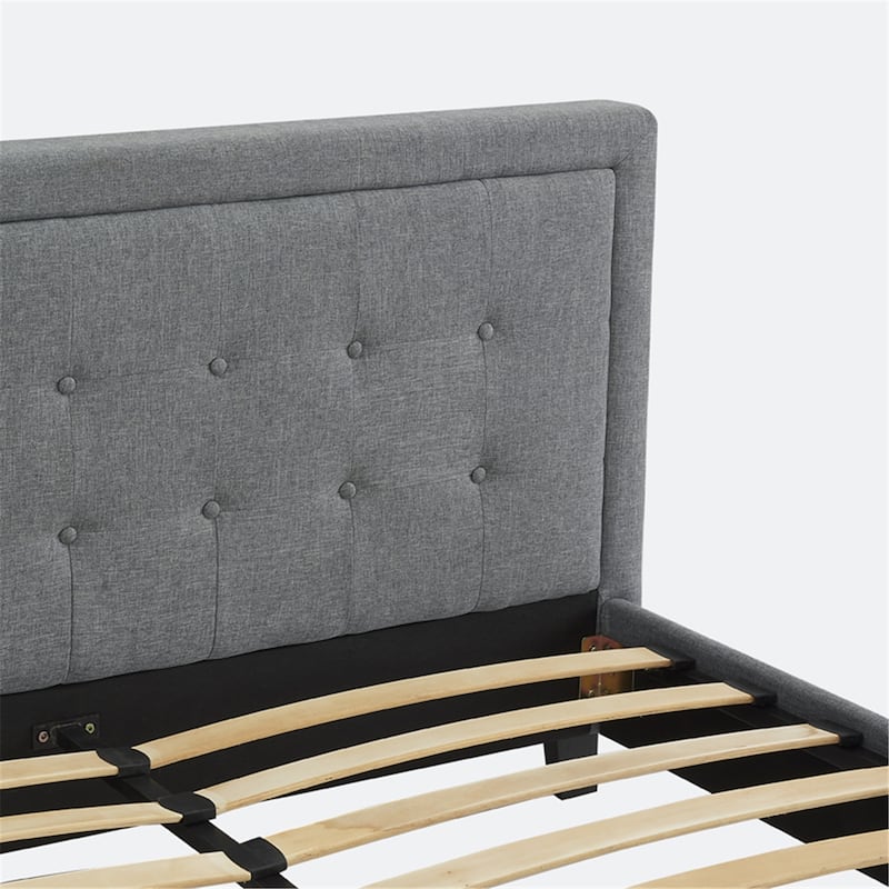 Button Tufted Woven Mid Century Bed Frame with Headboard, Wood Slat Support, No Box Spring Needed, Platform Bed Frame