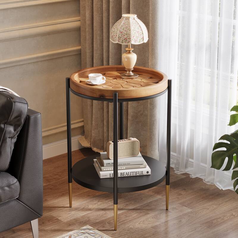 2 Tier Round Side Table with Solid Wood Top and Metal Frame for Living Room ,Bedroom