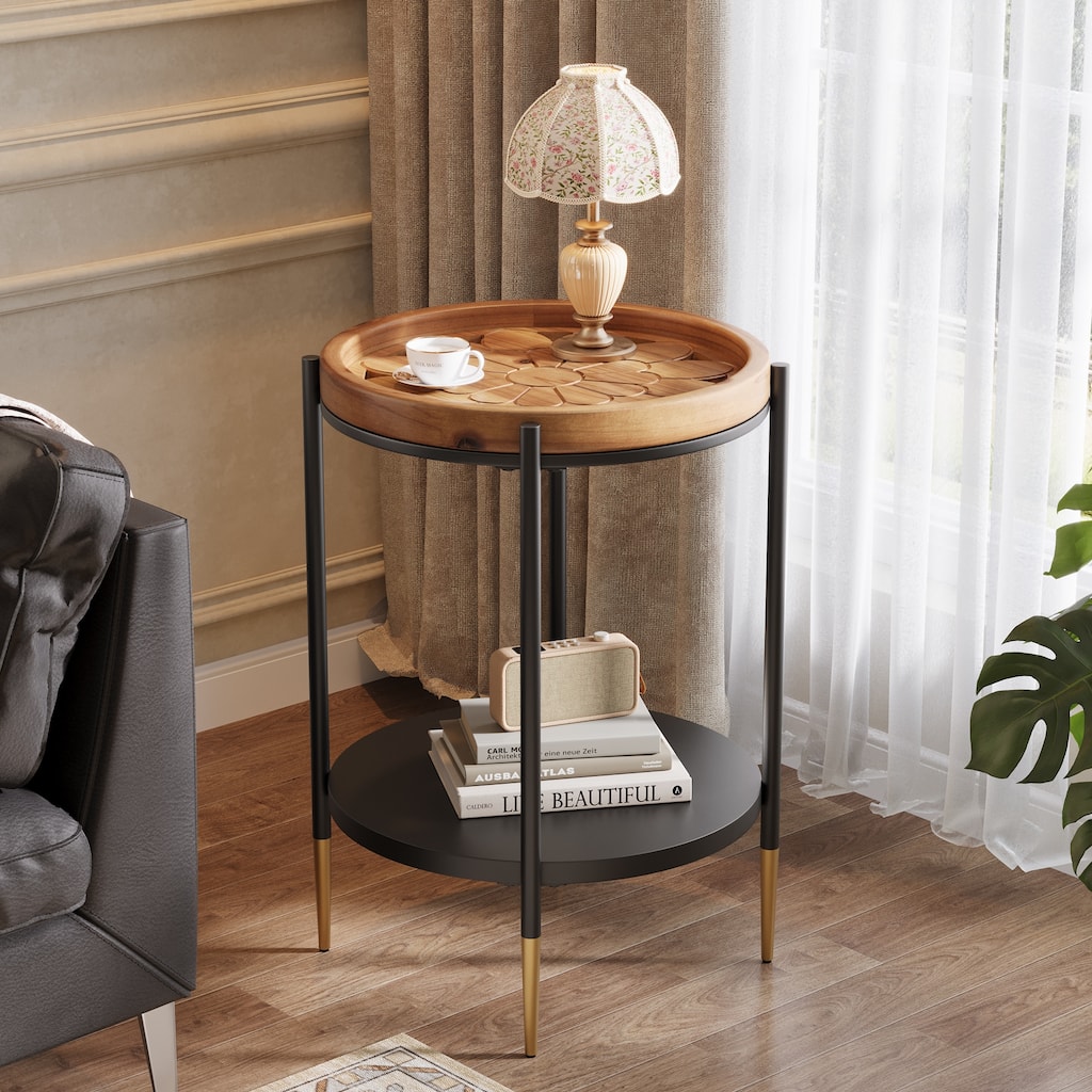 Round Side Table with Solid Wood and Metal