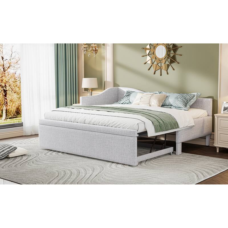 Roomfitters Twin Size Upholstered L-Shaped Daybed with Pop Up Trundle, Space Saving Fabric Sofa Bed Frame with Slats