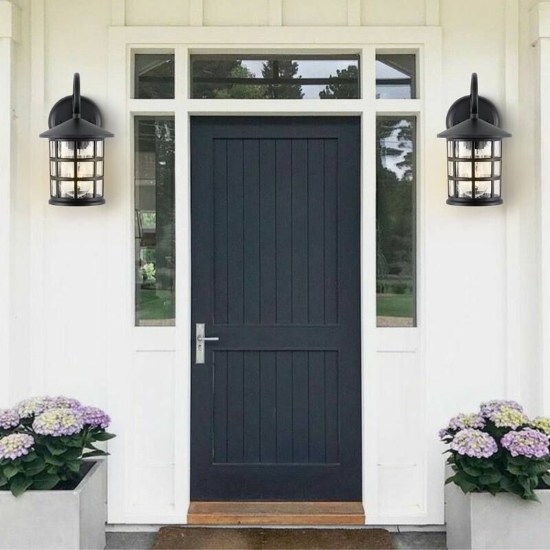 Plains 6" 1-Light Iron/Seeded Glass Cottage Rustic Scrolled Lantern LED Outdoor Lantern, Black (Set of 2) by JONATHAN Y