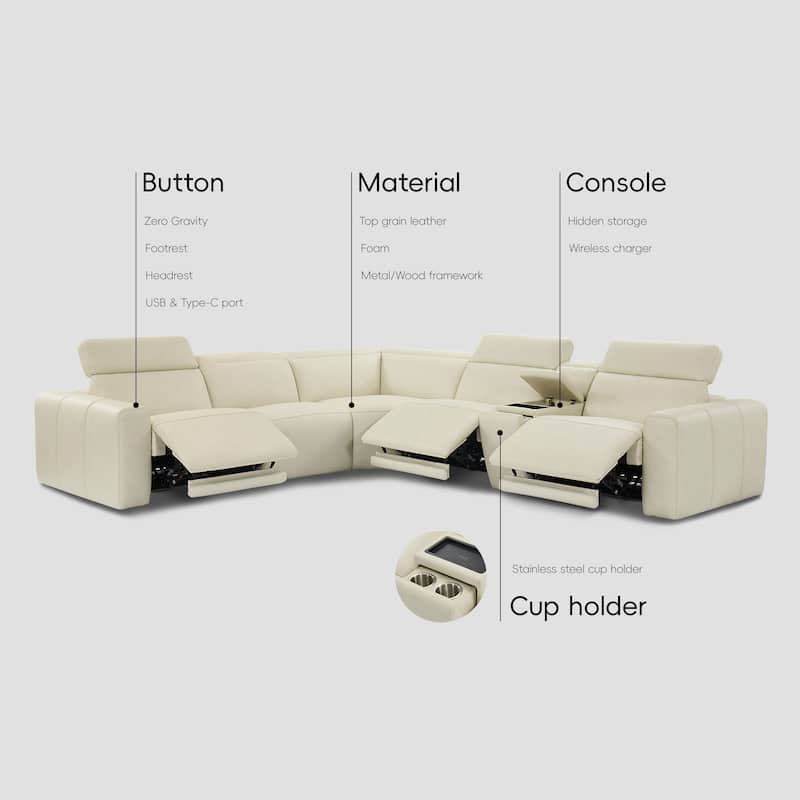 6PCS, 3 power Recliners, Leather Reclining Large Sectional with Power Headrest, Wireless Charging