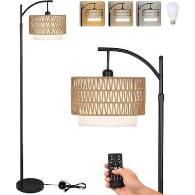 Arc Floor Lamp with 3 Color Temperatures,Remote & Dimmable Bulb,Standing Lamp with Rattan & Fabric Shades,Adjustable Tall Lamp