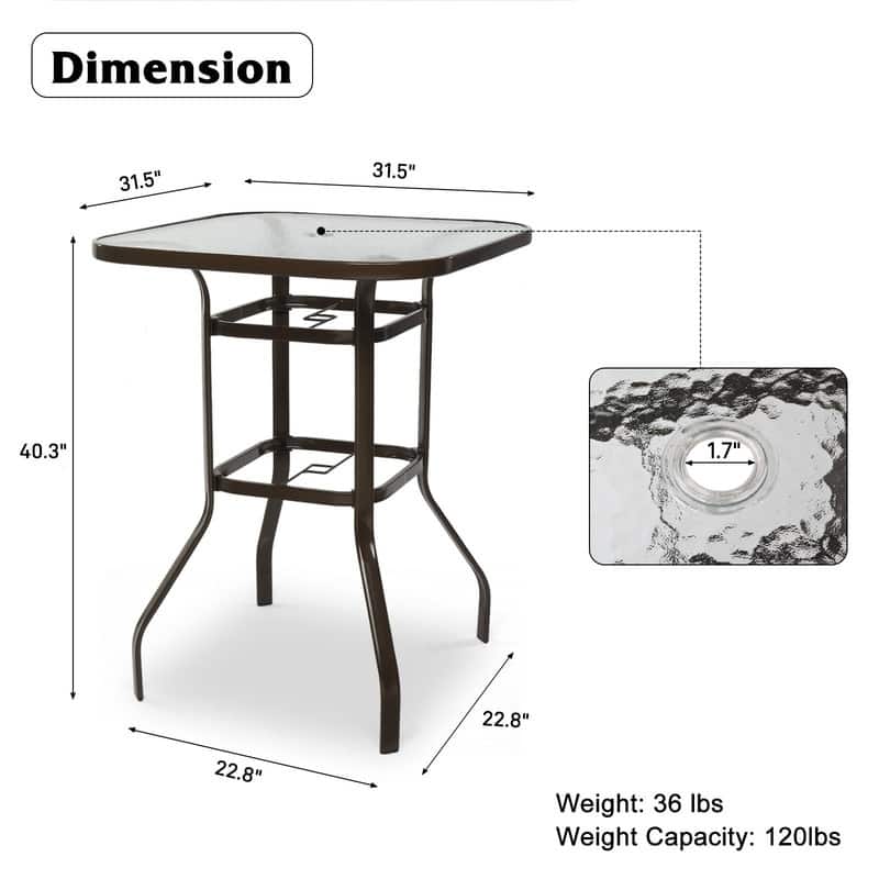 31.5 Inch Square Outdoor Bar Height Table with Tempered Glass Tabletop & Umbrella Hole - N/A