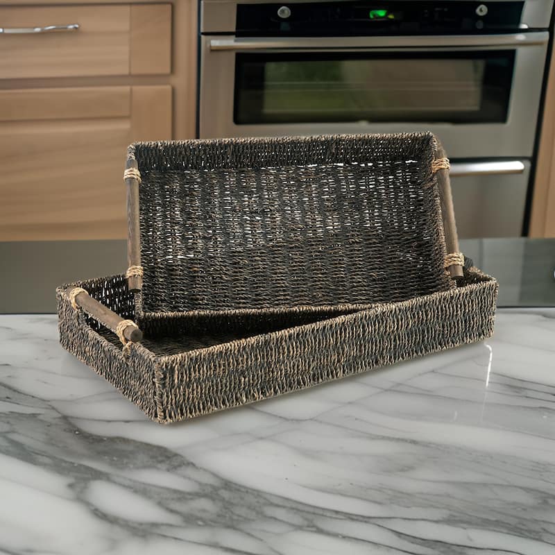 Lima Decorative Nesting Tray Set of 2, Cutout Handles, Gray Seagrass Woven
