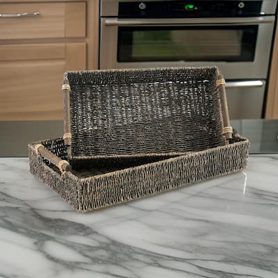 Lima Decorative Nesting Tray Set of 2, Cutout Handles, Gray Seagrass Woven