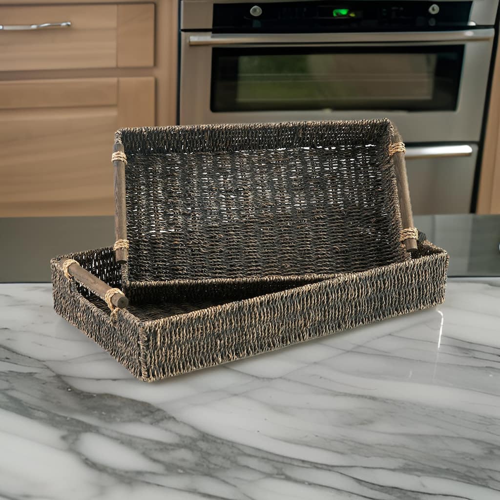 Lima Decorative Nesting Tray Set of 2, Cutout Handles, Gray Seagrass Woven