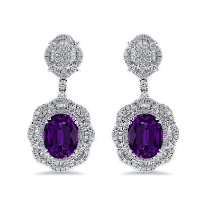 Auriya 4 5/8ctFancy Oval-cut Purple Amethyst Halo Diamond Drop Earrings 2 5/8ctw 18k Gold