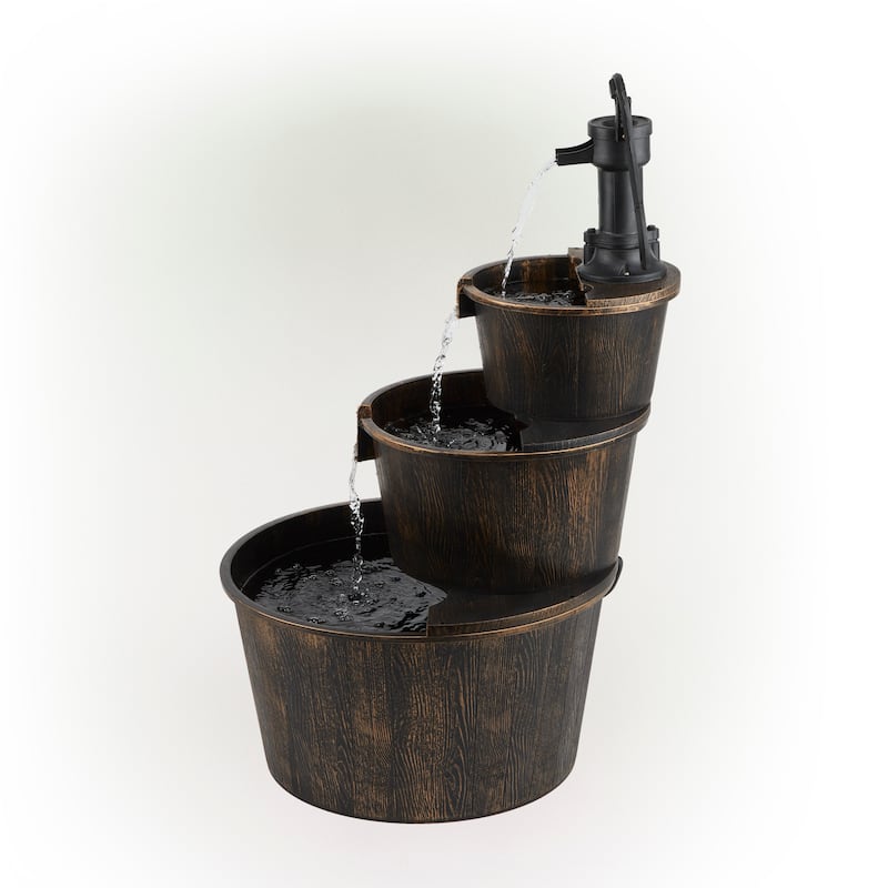 Alpine Corporation 40" Tall Outdoor 3-Tier Barrel Pump Waterfall Fountain, Brown
