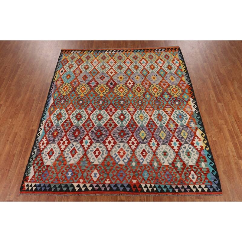 Reversible Kilim Area Rug Hand-Woven Geometric Oriental Wool Carpet - 8'1" x 9'9"