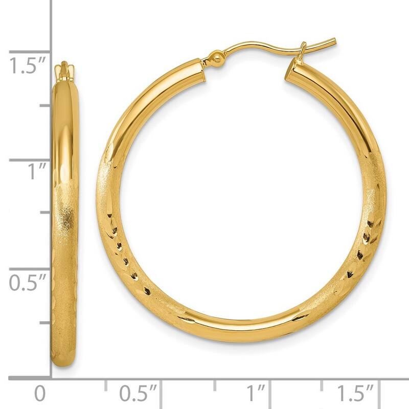 Curata 14k Yellow Gold Satin and Sparkle Cut Round Hoop Earrings - 35x35mm