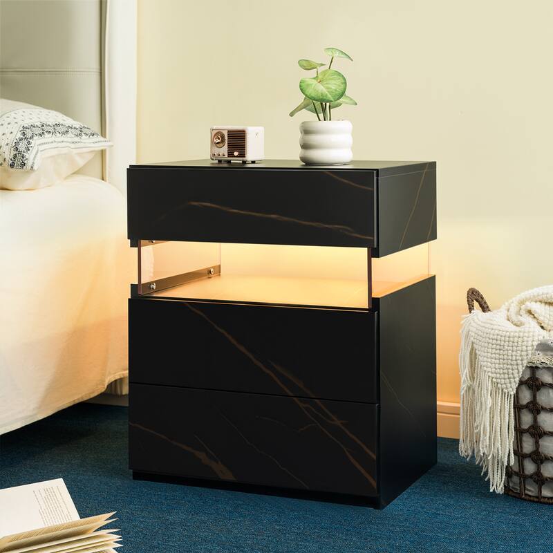 LED Nightstands, 3 Drawer Dresser for Bedroom, End Table with Acrylic Board LED Bedside Tables, for Bedroom Living Room