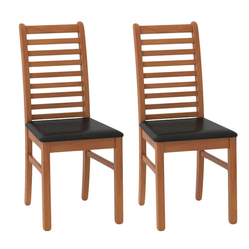 Set of 2 Rubber Wood PU Leather High-Back Farmhouse Dining Chairs Set with Ladder Design - 16" x 21" x 37" - Brown