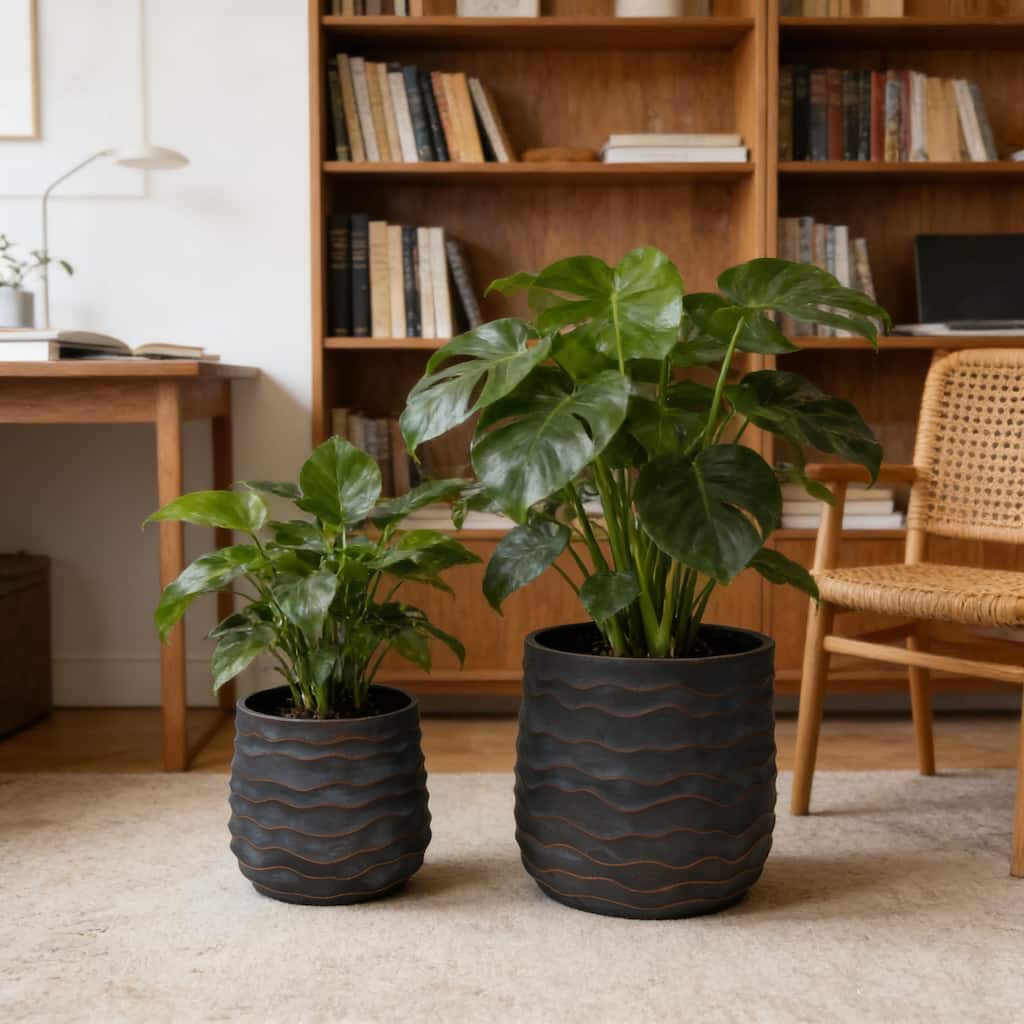 Large Round Planters Set of 2 (16.14"x15.75" & 11.8" x11.42") - Lightweight Plant Pot -Concrete Planter Pots with Drainage Hole