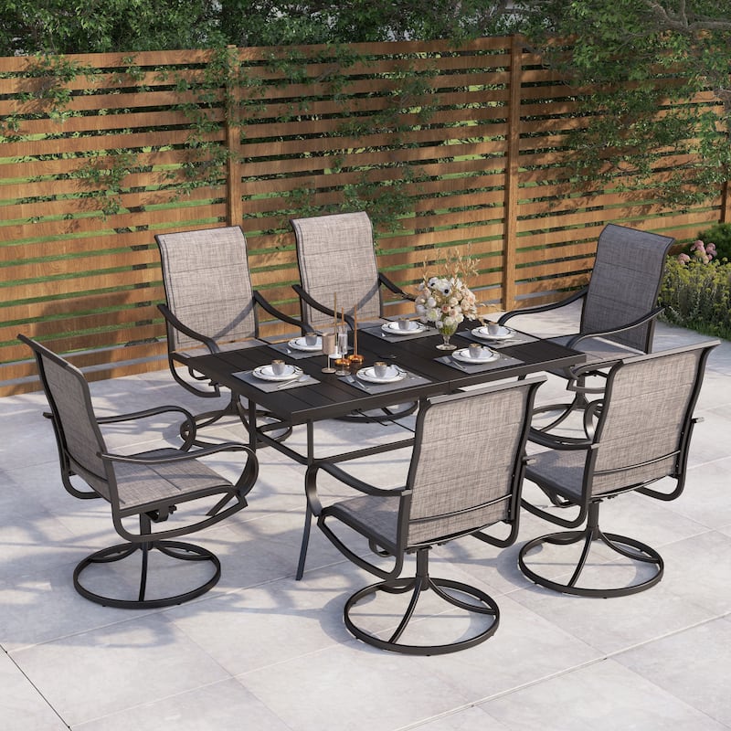 MAISON ARTS 7/8 Pieces Patio Dining Set, 6 x Swivel Dining Textilene Chairs and 1 Metal Table with 2.6" Umbrella Hole - Grey