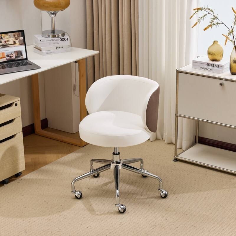 Modern PU Swivel Chair Armless Adjustable Rolling Office Desk Chair with Wheels and Backrest Support - N/A - White/Brown
