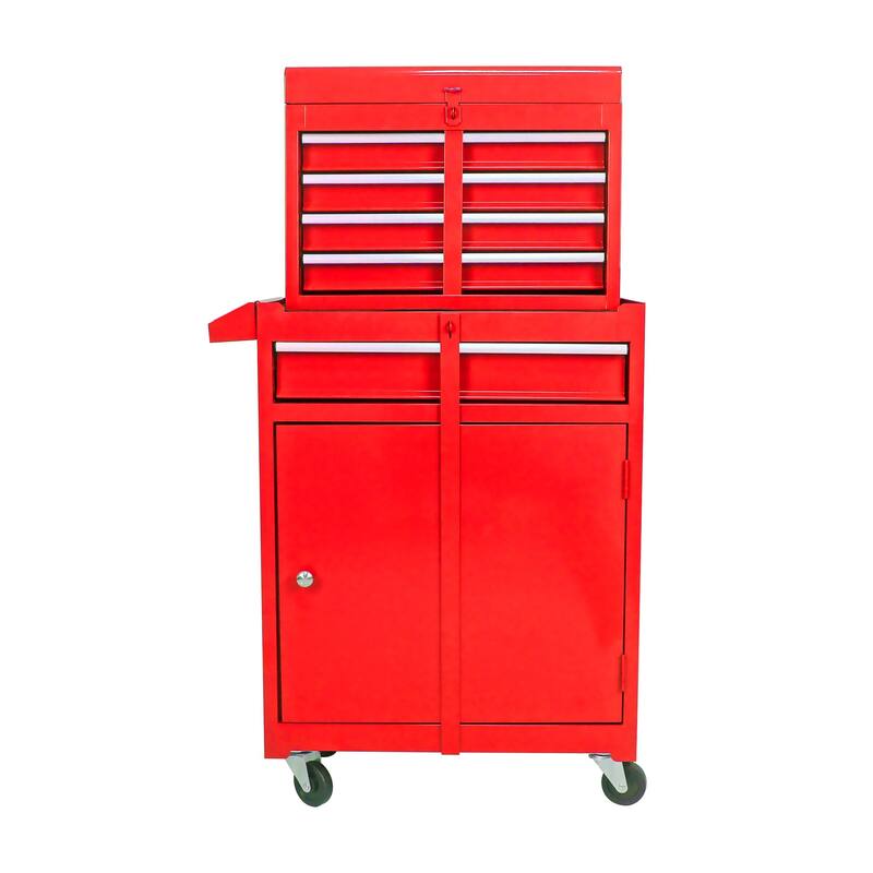 Detachable 5 Drawer Tool Chest with Bottom Cabinet and One Adjustable Shelf - Red