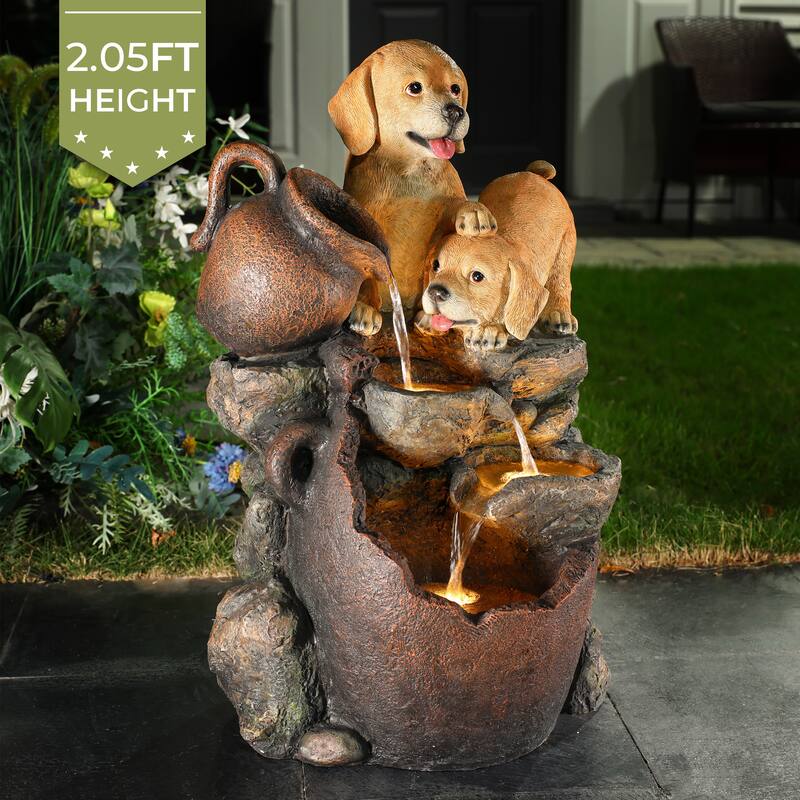 Puppy Friends Farmhouse Resin Outdoor Fountain with Lights