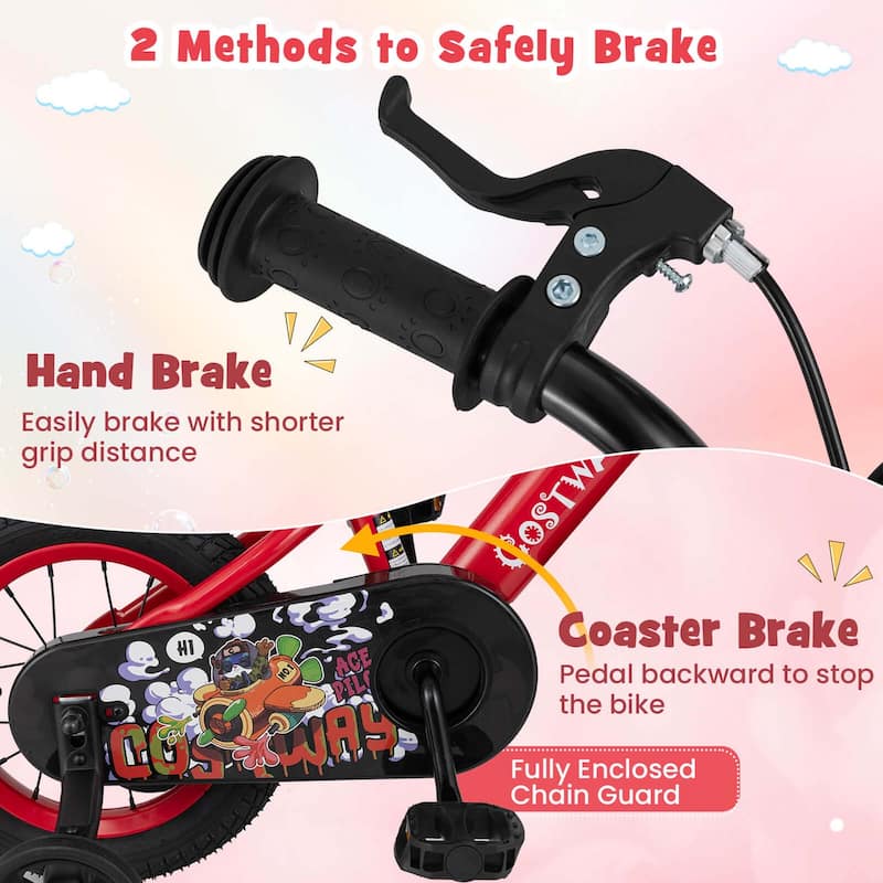 12'' Child Bike Kids Bicycle w/ Adjustable Height &Training Wheels
