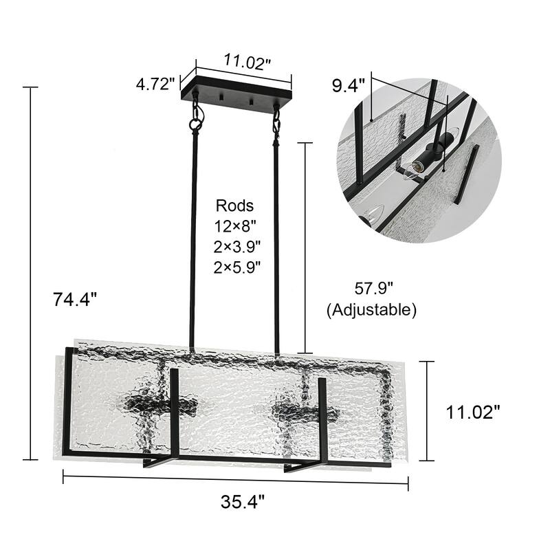 4-Light Glass Chandelier Linear Kitchen Island Light for Dining Room