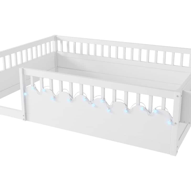GDF Studio - Ellington Full Size Montessori Floor Bed with High Rails, LED Light, and Storage Shelf