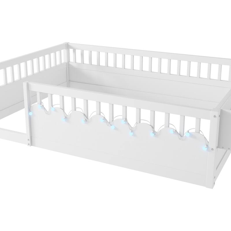 Montessori Floor Bed Frame with High Rails, Wood Toddler Floor Bedframe with Light and Headboard Storage Shelf for Kids Room