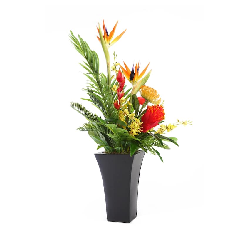 Assorted Tropical Flowers in Black Metal Square Flared Planter - Mutiple color