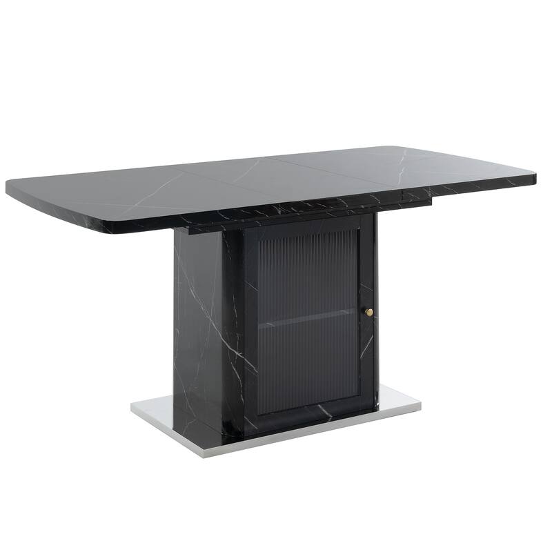 47.24"-63"Modern Rectangle Dining Table, Stretchable, with Printed Black Marble Table Top+Storage Cabinet Table Leg