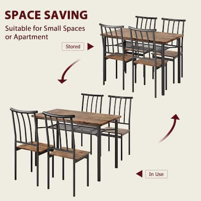 5-Piece Dining Table Set with Storage Rack & Wine Shelf, Table and 4 Chairs with Metal Frame for Dining Room