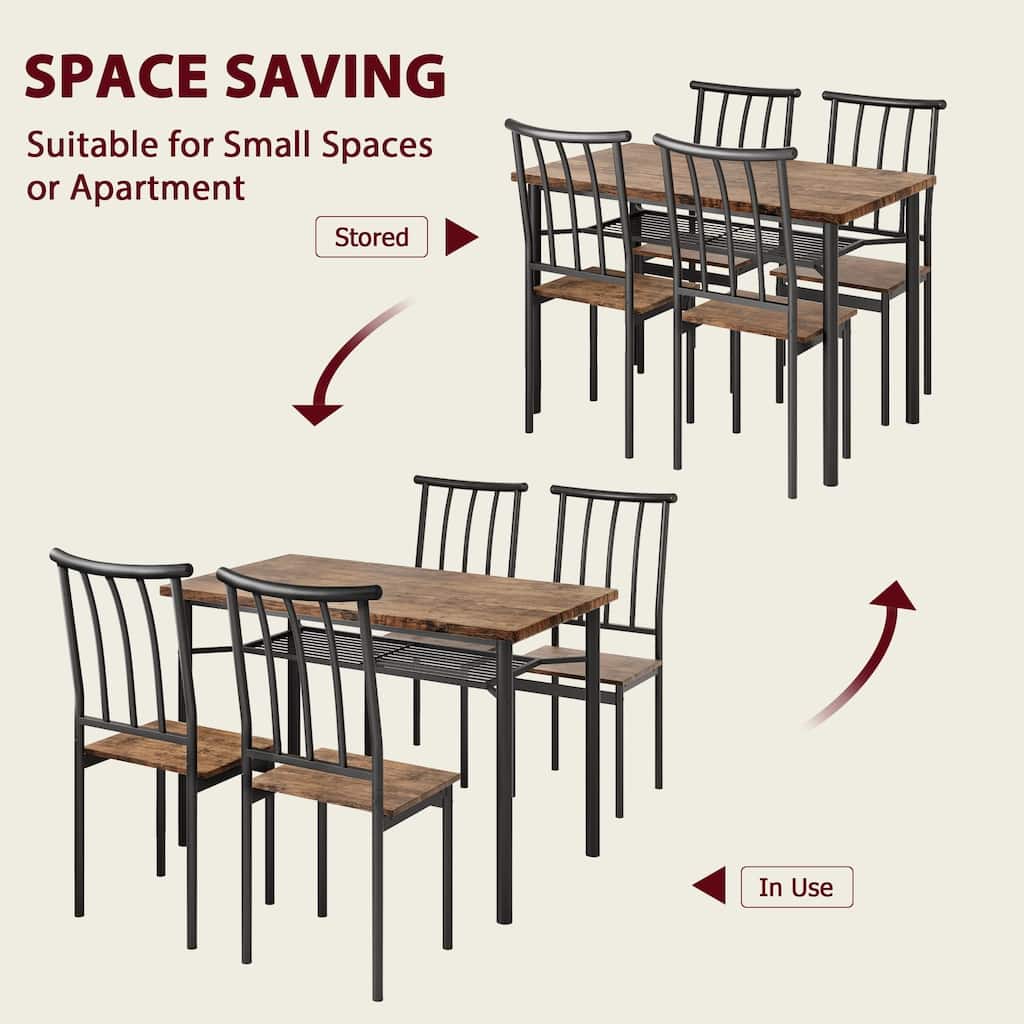 5-Piece Dining Table Set with Storage Rack & Wine Shelf, Table and 4 Chairs with Metal Frame for Dining Room