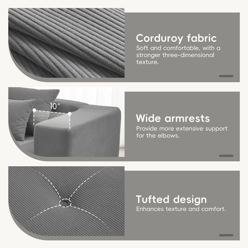 105.5'' L Shaped Modular Sofa, 3 PC Free Combo, No Assembly, Gray Corduroy, Living Room