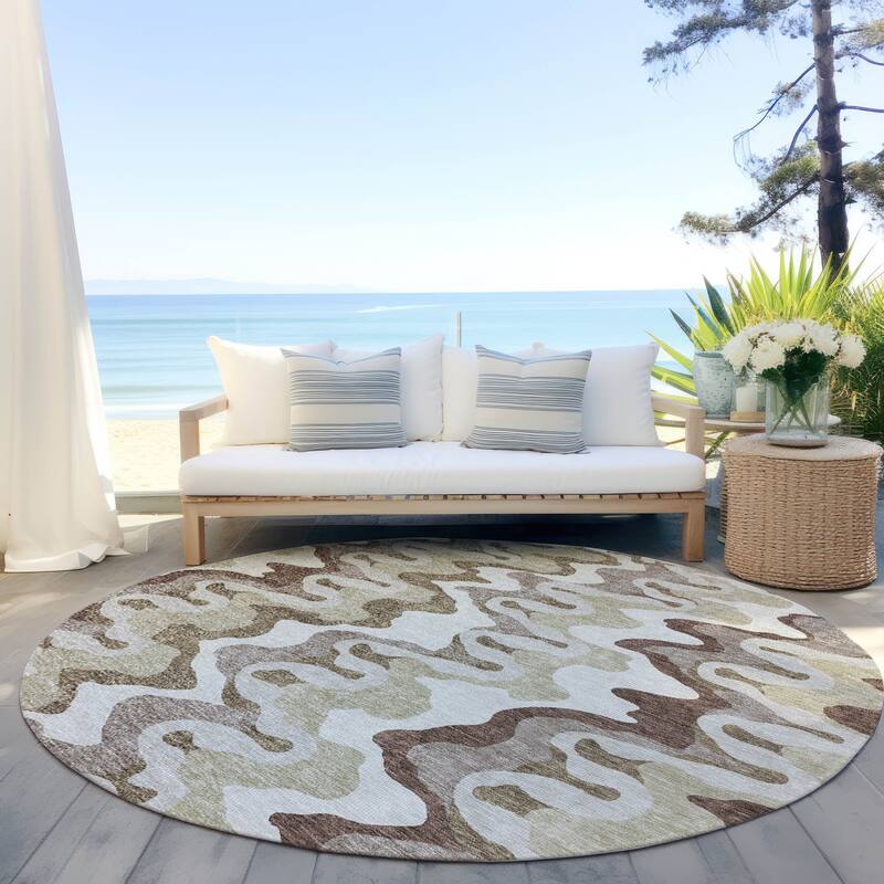 Machine Washable Indoor/ Outdoor Chantille Abstract Ripples Rug - Beige - 8' x 8'