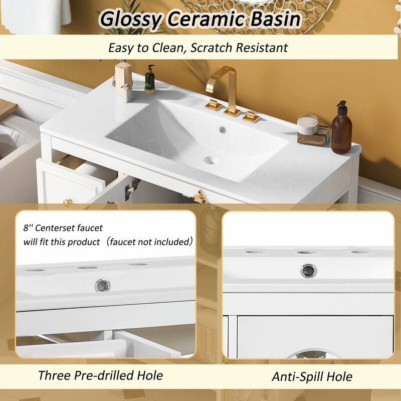 36-inch Bathroom Vanity with 2 Soft Close Doors, Solid Wood Frame Bathroom Storage Cabinet with 3 Drawers