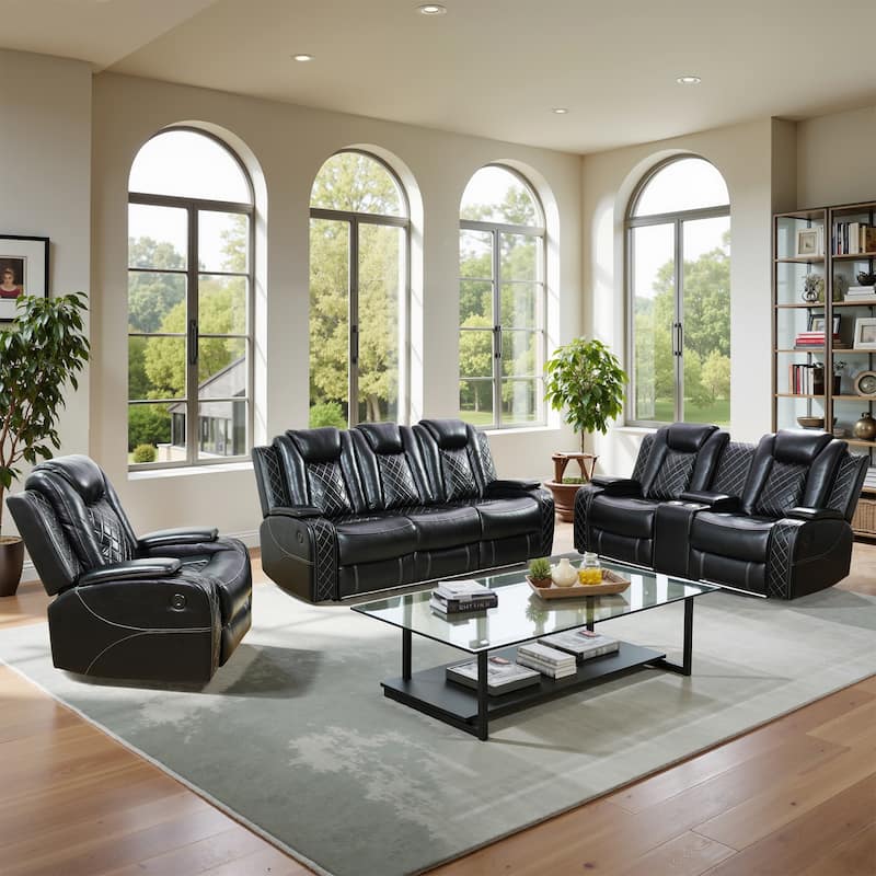 Modern 3-Piece Leather Recliner Sofa Set with LED, Wireless Charging